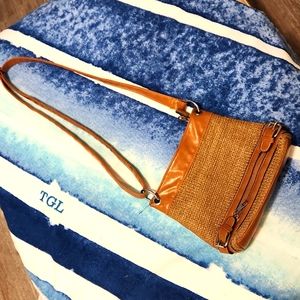 Faux leather Crossbody purse, 9"×8", Gently loved!! Brown & wicker style